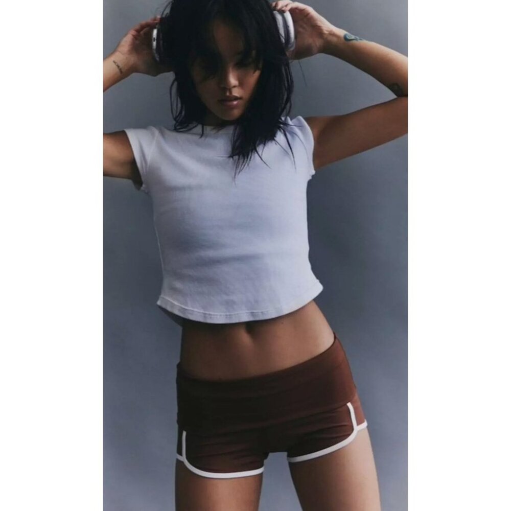 Free People Island Time Gym Shorts In Argan Brown White Retro Size Xsmall Nwot